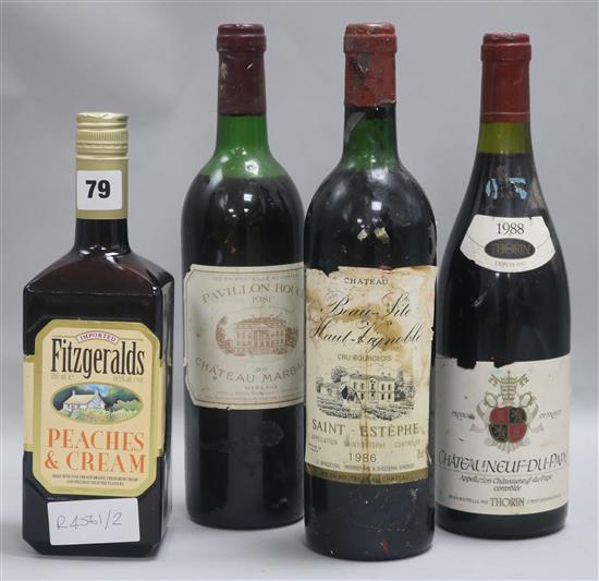 A bottle of Margaux 1981, Beau site 1986 Chateauneuf du Pape, Thonin 1988, Fitzgerald liqueur cream